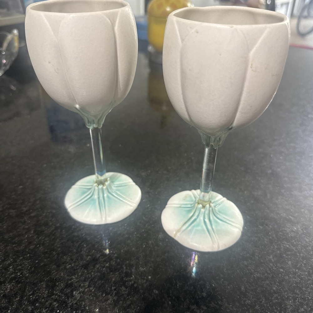 Vintage Newman Ceramic Works Tulip Wine Goblets Glasses Cream and Green Signed.